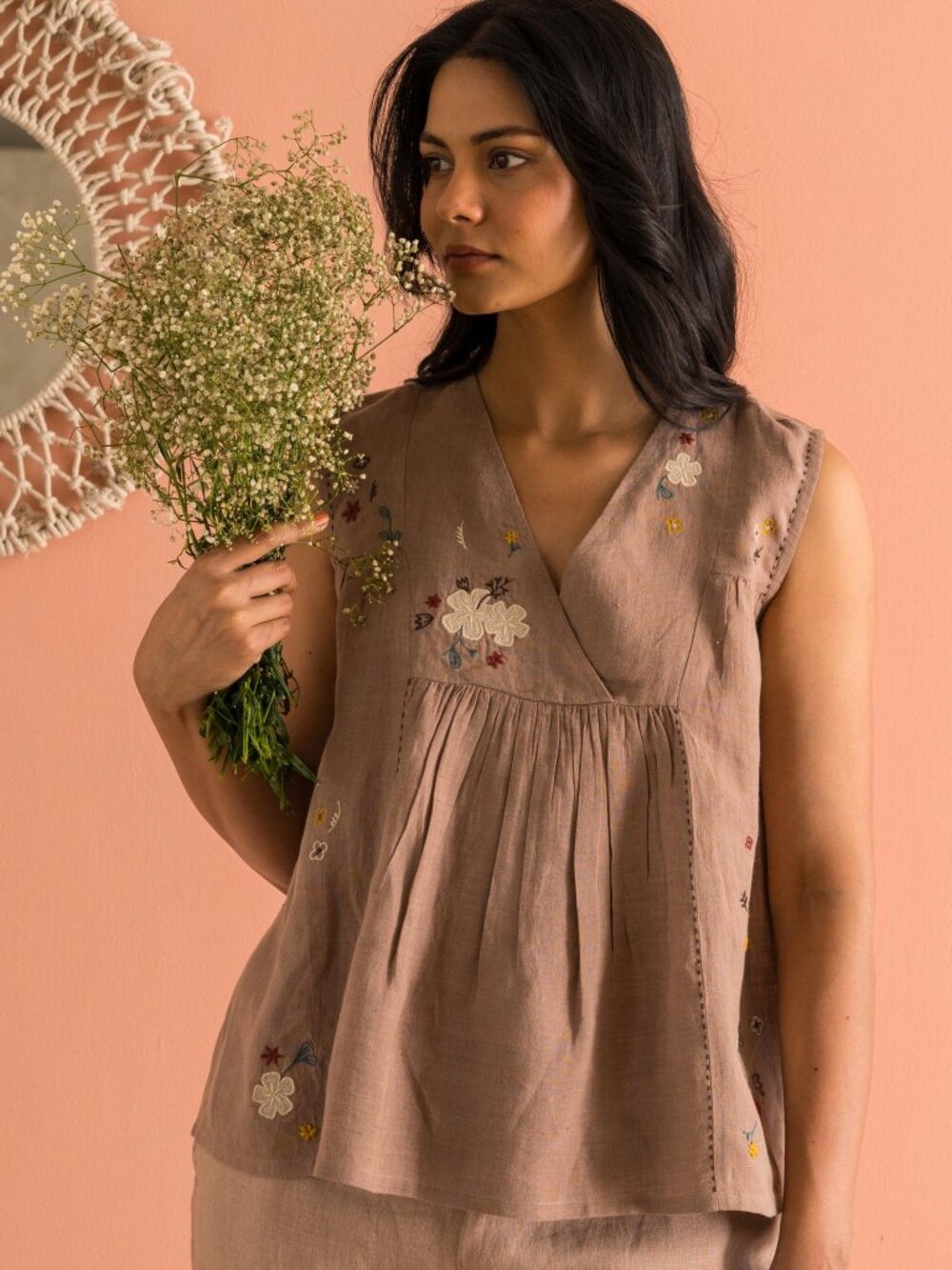 Live Linen Embroidered Floral Sleeveless Blouse, Linen